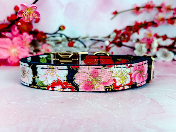 Japanese Kimono Dog collar - Navy blue sakura flowers