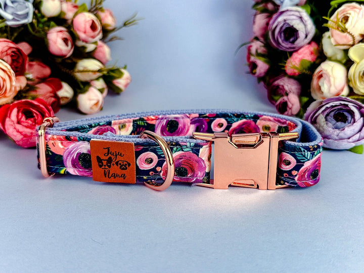 Autumn floral dog collar/ purple fall rose flower dog collar/ Ranunculus pet accessory/ large small medium female dog collar/ gift for puppy