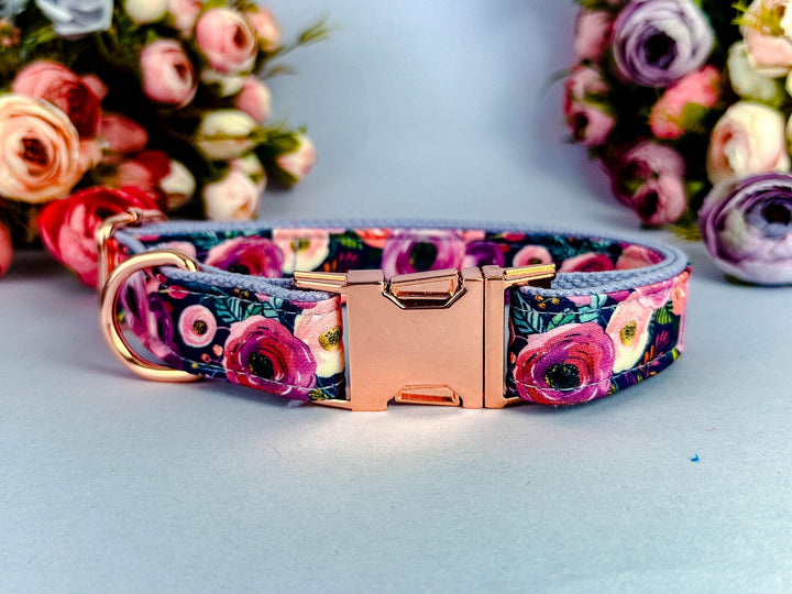 Autumn floral dog collar/ purple fall rose flower dog collar/ Ranunculus pet accessory/ large small medium female dog collar/ gift for puppy