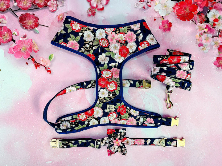 Japanese Kimono Dog harness - Navy Blue Sakura flowers