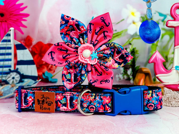 Preppy Nautical anchor dog collar with flower/ navy tropical beach dog collar/ vacation ocean floral dog collar/ summer custom pet accessory