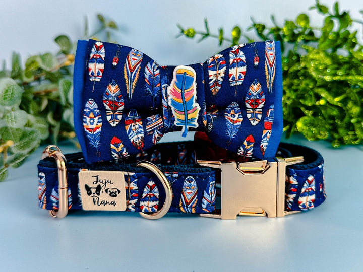 Navy Tribal feathers dog collar bow tie/ boho aztec dog collar/ southwest ethical dog collar/ large small puppy dog collar accessory gift
