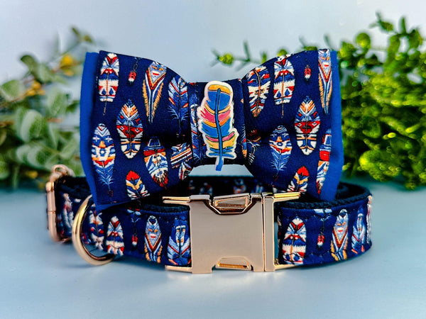 Navy Tribal feathers dog collar bow tie/ boho aztec dog collar/ southwest ethical dog collar/ large small puppy dog collar accessory gift