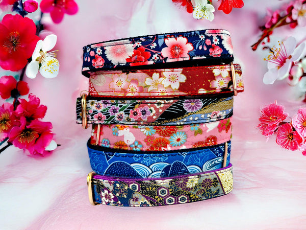 Japanese Kimono floral Dog Collar/ Sakura Cherry Blossom flower Pet Collar/ Traditional Japanese plum Geometric mountain Dog Accessory gift