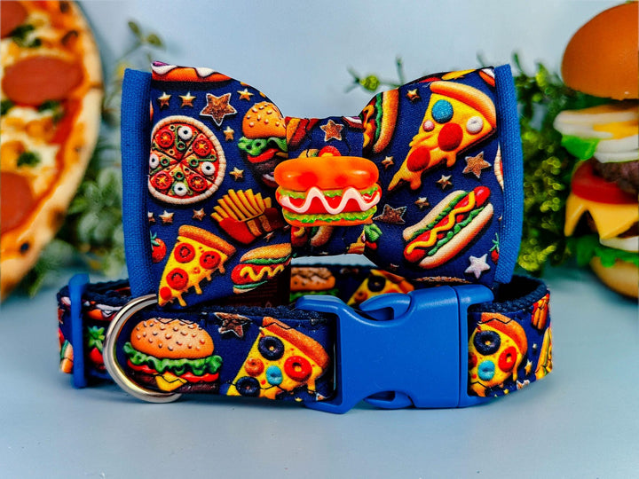fast food Pizza hotdog dog collar with bow tie/ hamburger fries dog collar/ small large boy dog collar/ cute navy puppy dog collar accessory