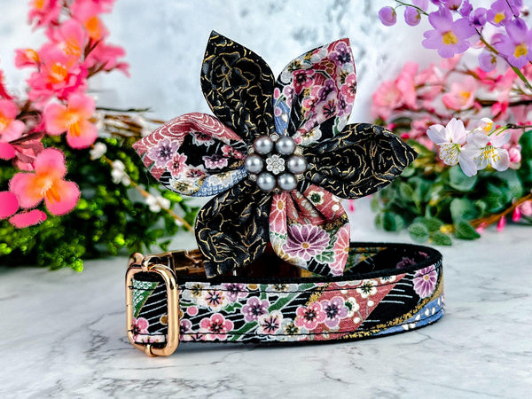 Japanese Kimono Dog collar with flower - black stripe and cherry blossom