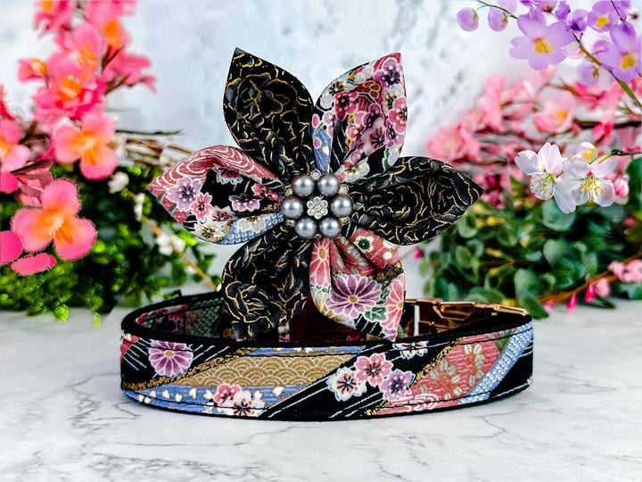 Japanese Kimono Dog collar with flower - black stripe and cherry blossom