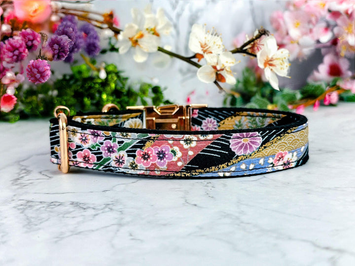 Black Japanese kimono dog collar/ Asian floral dog collar/ Girl flower dog collar/ summer fall dog collar/ winter spring female dog collar