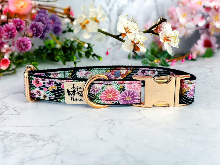 Black Japanese kimono dog collar/ Asian floral dog collar/ Girl flower dog collar/ summer fall dog collar/ winter spring female dog collar