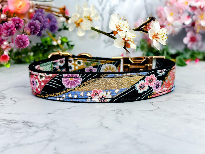 Black Japanese kimono dog collar/ Asian floral dog collar/ Girl flower dog collar/ summer fall dog collar/ winter spring female dog collar
