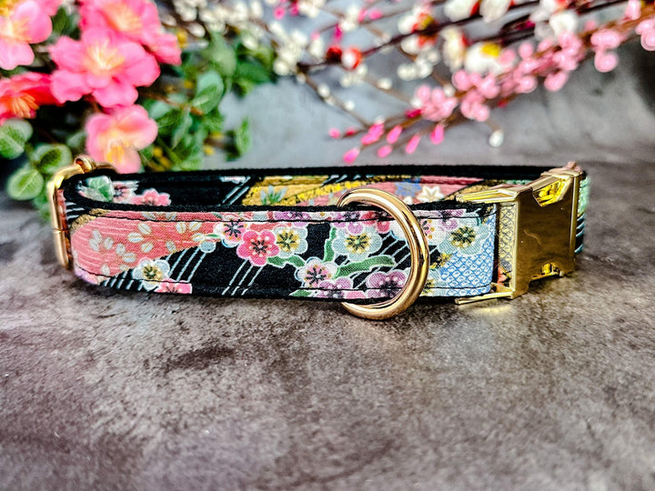Black Japanese kimono dog collar/ Asian floral dog collar/ Girl flower dog collar/ summer fall dog collar/ winter spring female dog collar
