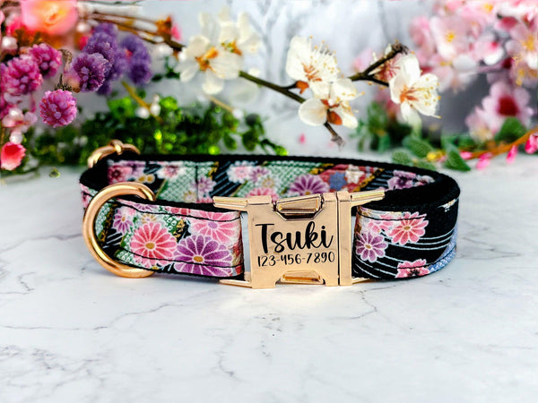japanese floral dog collar/ personalized Laser engraved buckle dog collar/ kimono flower dog collar/ purple summer collar/ custom dog collar