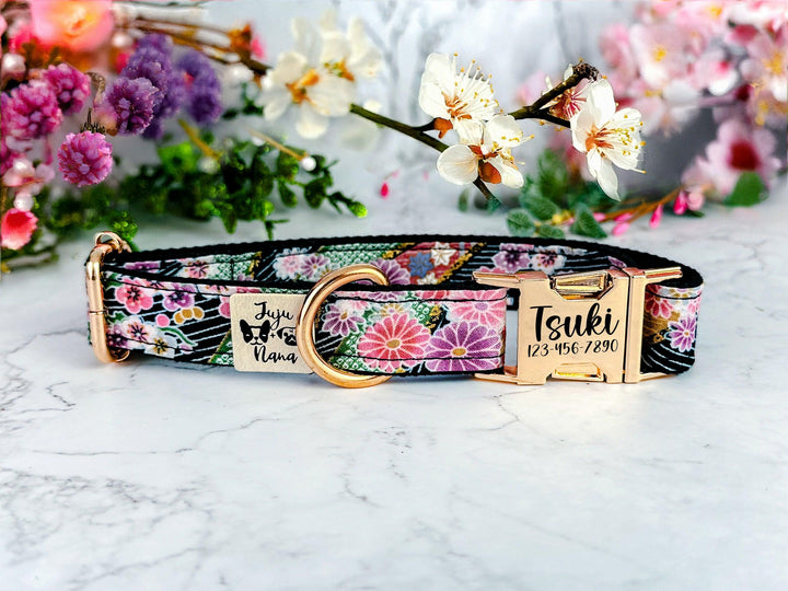 japanese floral dog collar/ personalized Laser engraved buckle dog collar/ kimono flower dog collar/ purple summer collar/ custom dog collar