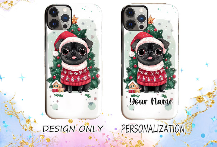 Christmas Black Pug dog magsafe Iphone case/ custom winter Samsung phone case cover/ personalized gift for pet dog owner lover for him her