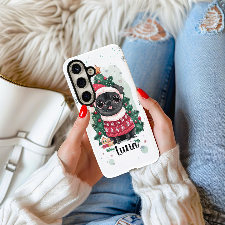 Christmas Black Pug dog magsafe Iphone case/ custom winter Samsung phone case cover/ personalized gift for pet dog owner lover for him her
