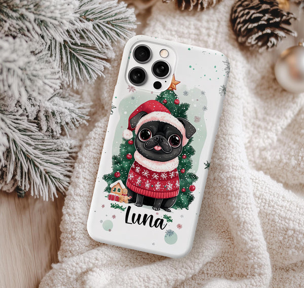 Christmas Black Pug dog magsafe Iphone case/ custom winter Samsung phone case cover/ personalized gift for pet dog owner lover for him her