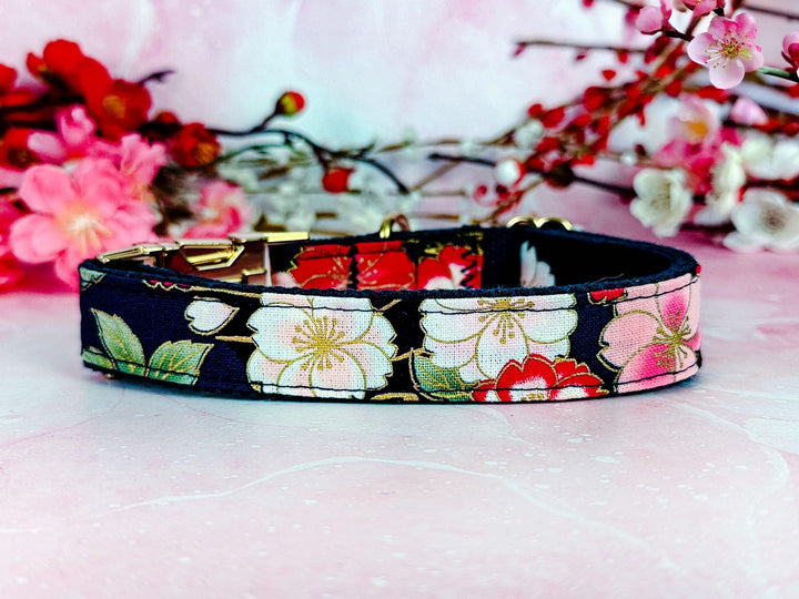 Japanese Kimono Dog collar - Navy blue sakura flowers