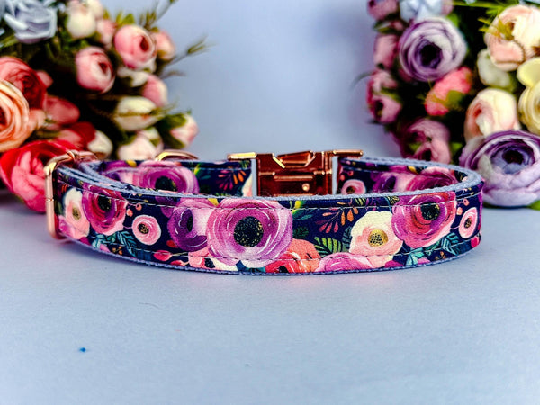 Autumn floral dog collar/ purple fall rose flower dog collar/ Ranunculus pet accessory/ large small medium female dog collar/ gift for puppy