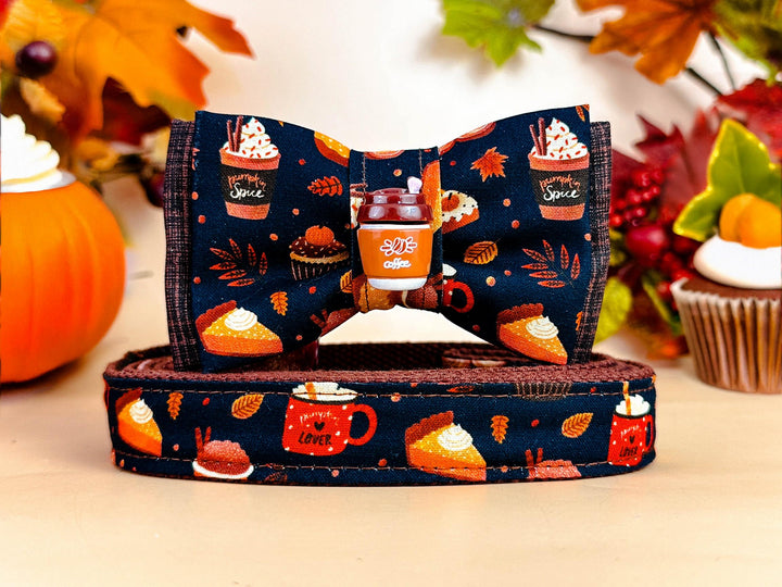 Fall latte pumpkin spice dog collar with bow tie/ autumn coffee cupcake pie dog collar