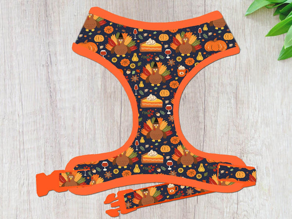 Fall turkey dog harness vest/ Thanksgiving harvest dog harness/ autumn pumpkin latte harness/ custom holiday boy girl small medium harness