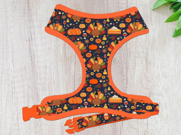 Fall turkey dog harness vest/ Thanksgiving harvest dog harness/ autumn pumpkin latte harness/ custom holiday boy girl small medium harness