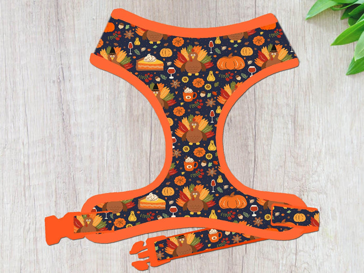 Fall turkey dog harness vest/ Thanksgiving harvest dog harness/ autumn pumpkin latte harness/ custom holiday boy girl small medium harness