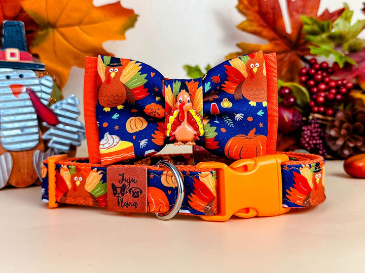 Thanksgiving turkey dog collar bow tie/ boy harvest dog collar/ fall autumn collar/ harvest pumpkin dog collar/ cute large small dog collar