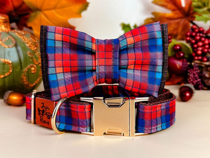 Fall Plaid dog collar bow tie/ autumn tartan dog collar/ Thanksgiving Holiday harvest dog collar/ brown rainbow dog collar gift accessory