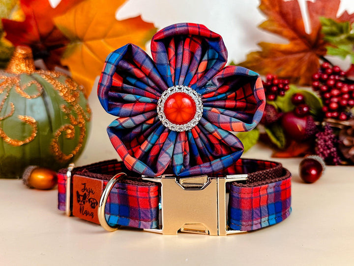 Autumn plaid dog collar flower/ fall tartan dog collar/ Thanksgiving harvest dog collar/ rainbow girl small large dog collar/ holiday collar