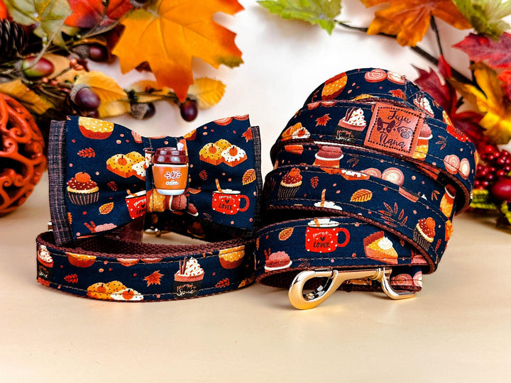 Fall pumpkin spice latte dog harness leash set/ autumn harvest boy girl harness and lead/ thanksgiving small medium dog harness vest gift