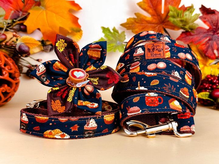 Fall pumpkin spice latte dog harness leash set/ autumn harvest boy girl harness and lead/ thanksgiving small medium dog harness vest gift