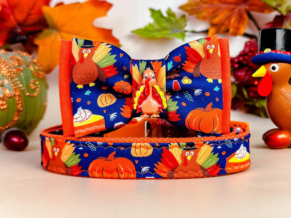 Thanksgiving turkey dog collar bow tie/ boy harvest dog collar/ fall autumn collar/ harvest pumpkin dog collar/ cute large small dog collar