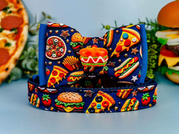 fast food Pizza hotdog dog collar with bow tie/ hamburger fries dog collar/ small large boy dog collar/ cute navy puppy dog collar accessory