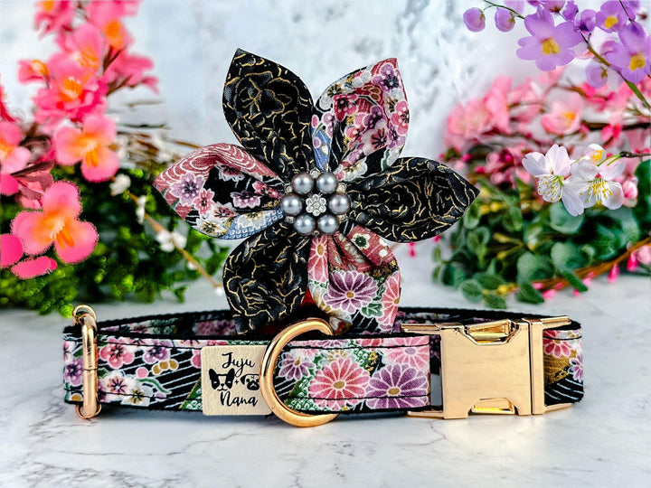 Japanese Kimono Dog collar with flower - black stripe and cherry blossom