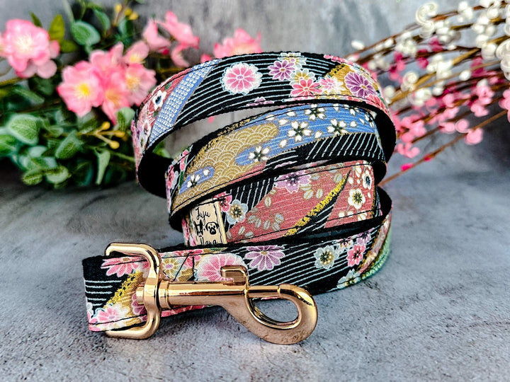 Black Japanese kimono dog collar/ Asian floral dog collar/ Girl flower dog collar/ summer fall dog collar/ winter spring female dog collar
