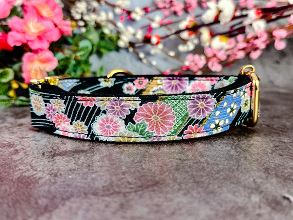 Black Japanese kimono dog collar/ Asian floral dog collar/ Girl flower dog collar/ summer fall dog collar/ winter spring female dog collar