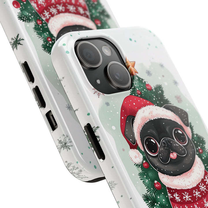 Christmas Black Pug dog magsafe Iphone case/ custom winter Samsung phone case cover/ personalized gift for pet dog owner lover for him her