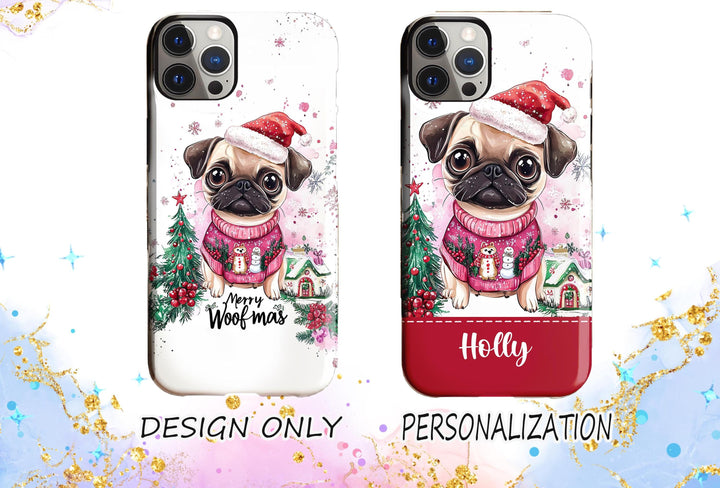 Personalized Christmas fawn pug dog Iphone case/ custom Christmas gift for dog owner lover/ Samsung Phone Case/ magsafe tough phone case