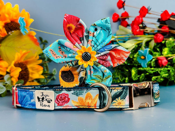 sunflower Rifle paper co dog collar with flower/ fall floral leaves dog collar/ autumn cottagecore dog collar/ botanical harvest dog collar