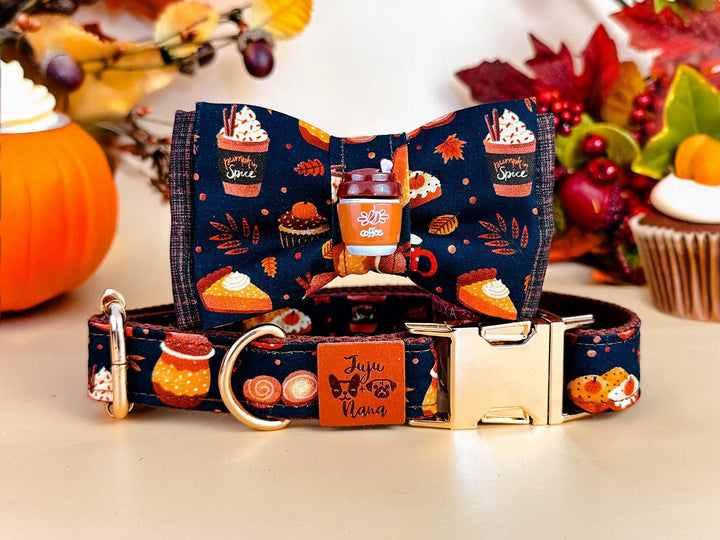 Fall latte pumpkin spice dog collar with bow tie/ autumn coffee cupcake pie dog collar
