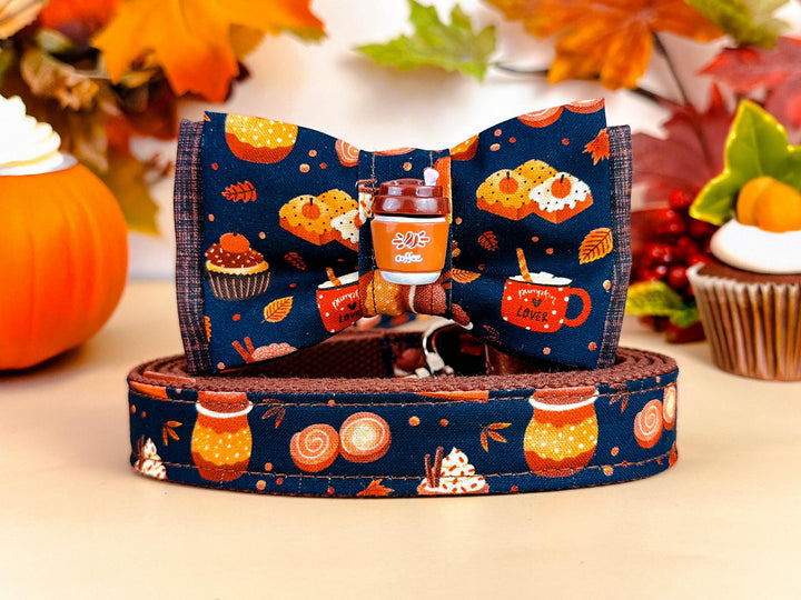 Fall latte pumpkin spice dog collar with bow tie/ autumn coffee cupcake pie dog collar
