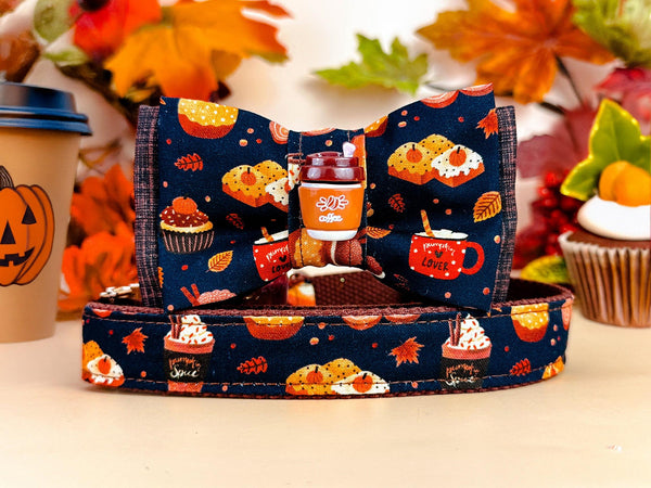 Fall latte pumpkin spice dog collar with bow tie/ autumn coffee cupcake pie dog collar