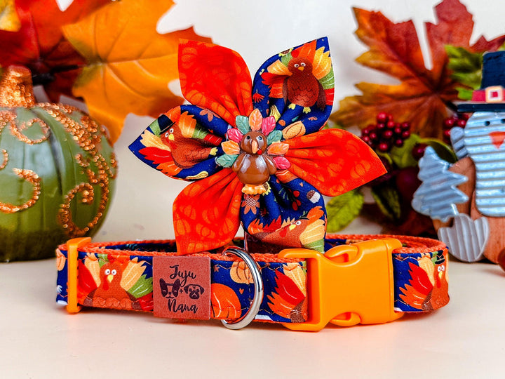 Fall Thanksgiving turkey dog collar flower/ harvest autumn dog collar/ cute pumpkin pie latte dog collar/ boy girl small large dog collar