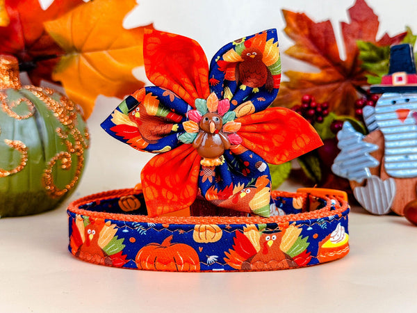 Fall Thanksgiving turkey dog collar flower/ harvest autumn dog collar/ cute pumpkin pie latte dog collar/ boy girl small large dog collar
