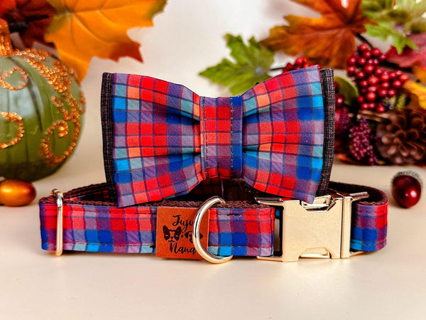 Fall Plaid dog collar bow tie/ autumn tartan dog collar/ Thanksgiving Holiday harvest dog collar/ brown rainbow dog collar gift accessory