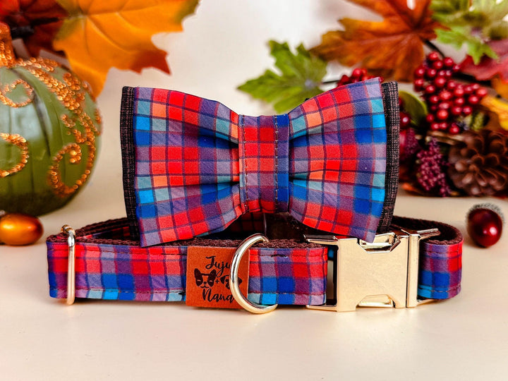 Fall Plaid dog collar bow tie/ autumn tartan dog collar/ Thanksgiving Holiday harvest dog collar/ brown rainbow dog collar gift accessory
