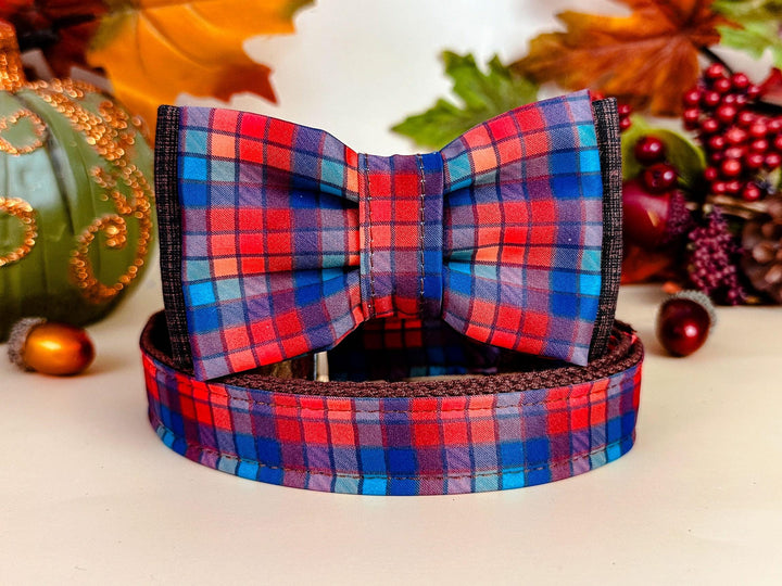 Fall Plaid dog collar bow tie/ autumn tartan dog collar/ Thanksgiving Holiday harvest dog collar/ brown rainbow dog collar gift accessory