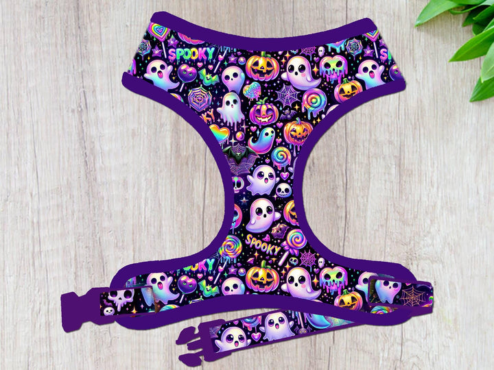Purple Halloween ghost dog harness vest/ Y2K cyberpunk synthwave dog harness/ Jack O lantern vaporwave holographic dog harness accessory