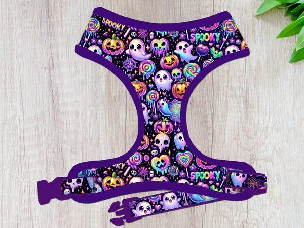Purple Halloween ghost dog harness vest/ Y2K cyberpunk synthwave dog harness/ Jack O lantern vaporwave holographic dog harness accessory
