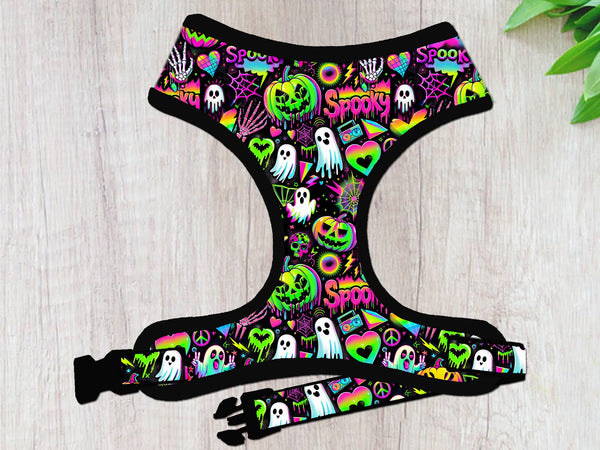 90's Neon Halloween ghost dog harness vest/ Y2K rainbow cyberpunk dog harness/ jack o lantern pumpkin harness/ synthwave holographic harness